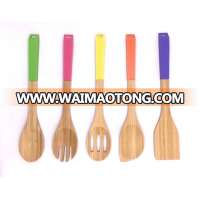 High Quality Amazon Supplier Kitchen Cooking Tools Bamboo Utensils With Silicone Handle